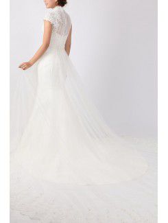 Lace High Collar Cathedral Train Mermaid Wedding Dress with Pearls