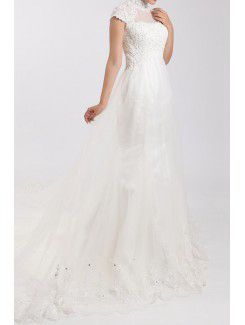 Lace High Collar Cathedral Train Mermaid Wedding Dress with Pearls