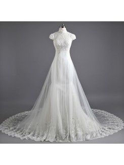 Lace High Collar Cathedral Train Mermaid Wedding Dress with Pearls