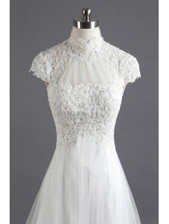 Lace High Collar Cathedral Train Mermaid Wedding Dress with Pearls