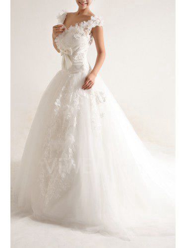 Organza Scoop Cathedral Train Ball Gown Wedding Dress with Pearls