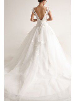 Organza Scoop Cathedral Train Ball Gown Wedding Dress with Pearls