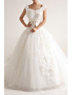 Organza Scoop Cathedral Train Ball Gown Wedding Dress with Pearls