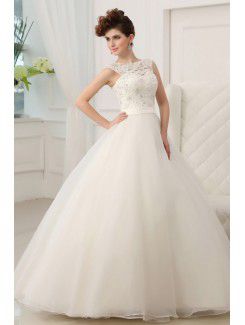 Lace Jewel Floor Length Ball Gown Wedding Dress with Crystal