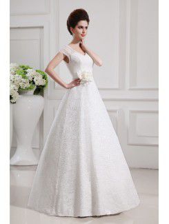 Lace V-neck Floor Length A-line Wedding Dress with Handmade Flowers