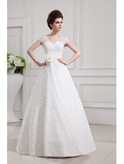 Lace V-neck Floor Length A-line Wedding Dress with Handmade Flowers