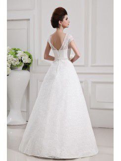 Lace V-neck Floor Length A-line Wedding Dress with Handmade Flowers