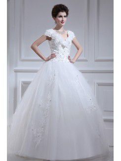 Organza V-neck Floor Length Ball Gown Wedding Dress with Pearls