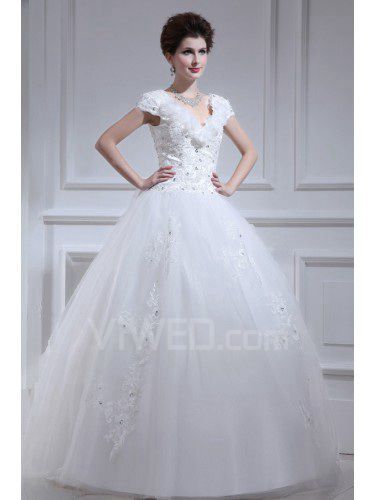 Organza V-neck Floor Length Ball Gown Wedding Dress with Pearls