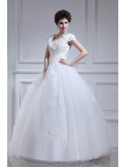 Organza V-neck Floor Length Ball Gown Wedding Dress with Pearls