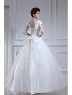 Organza V-neck Floor Length Ball Gown Wedding Dress with Pearls