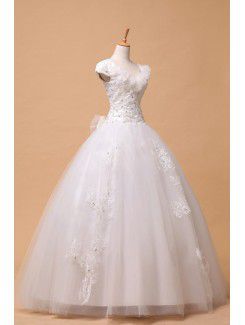 Organza V-neck Floor Length Ball Gown Wedding Dress with Pearls