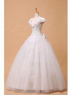 Organza V-neck Floor Length Ball Gown Wedding Dress with Pearls