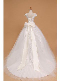 Organza V-neck Floor Length Ball Gown Wedding Dress with Pearls