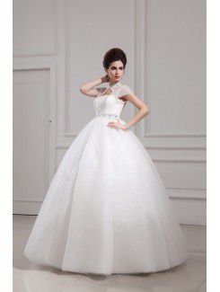 Net and Satin Jewel Floor Length Ball Gown Wedding Dress with Crystal