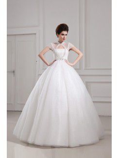 Net and Satin Jewel Floor Length Ball Gown Wedding Dress with Crystal