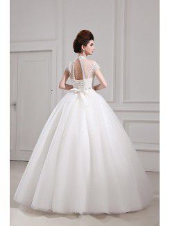 Net and Satin Jewel Floor Length Ball Gown Wedding Dress with Crystal