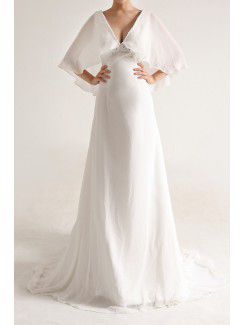 Chiffon V-neck Chapel Train A-line Wedding Dress with Pearls