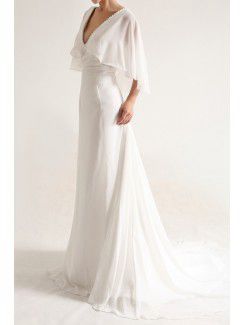 Chiffon V-neck Chapel Train A-line Wedding Dress with Pearls