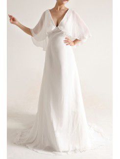 Chiffon V-neck Chapel Train A-line Wedding Dress with Pearls