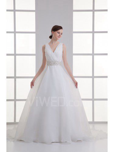 Organza V-Neckline A-line Floor Length Sash Wedding Dress