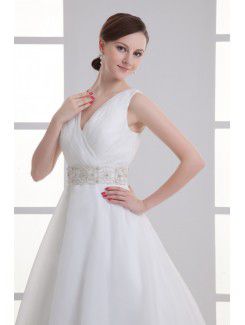 Organza V-Neckline A-line Floor Length Sash Wedding Dress