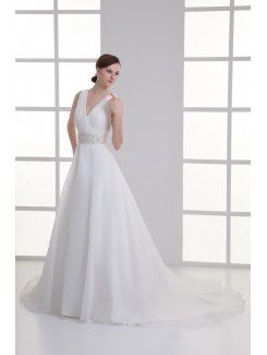 Organza V-Neckline A-line Floor Length Sash Wedding Dress