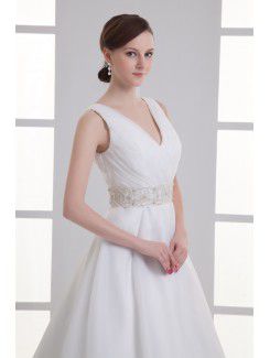 Organza V-Neckline A-line Floor Length Sash Wedding Dress