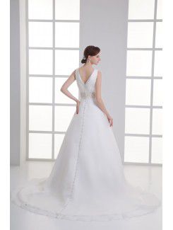 Organza V-Neckline A-line Floor Length Sash Wedding Dress