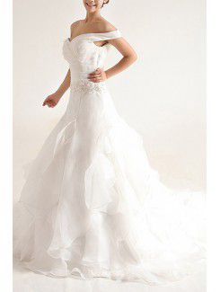 Organza Off-the-Shoulder Chapel Train Ball Gown Wedding Dress with Sequins