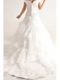 Organza Off-the-Shoulder Chapel Train Ball Gown Wedding Dress with Sequins