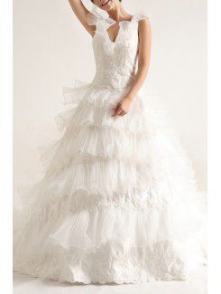 Lace V-neck Chapel Train Ball Gown Wedding Dress with Handmade Flowers