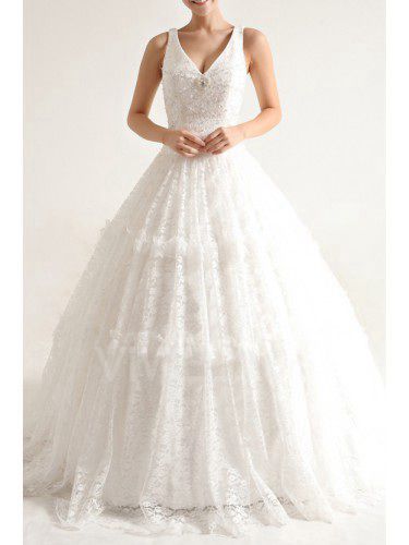 Lace V-neck Sweep Train Ball Gown Wedding Dress