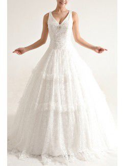 Lace V-neck Sweep Train Ball Gown Wedding Dress