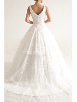 Lace V-neck Sweep Train Ball Gown Wedding Dress