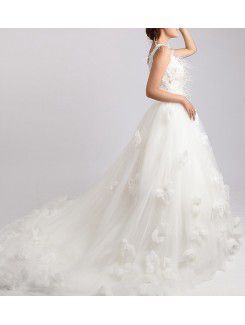 Net and Satin V-neck Chapel Train Ball Gown Wedding Dress