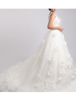 Net and Satin V-neck Chapel Train Ball Gown Wedding Dress