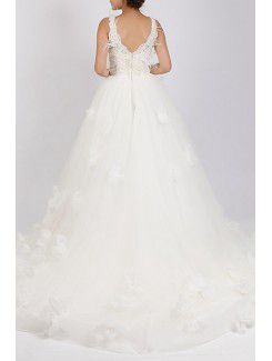 Net and Satin V-neck Chapel Train Ball Gown Wedding Dress