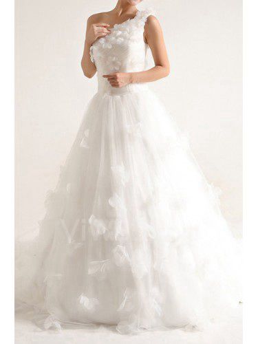 Net and Satin One Shoulder Cathedral Train Ball Gown Wedding Dress with Handmade Flowers