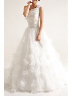 Net and Satin One Shoulder Cathedral Train Ball Gown Wedding Dress with Handmade Flowers