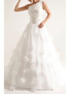 Net and Satin One Shoulder Cathedral Train Ball Gown Wedding Dress with Handmade Flowers