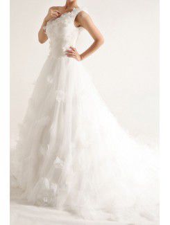 Net and Satin One Shoulder Cathedral Train Ball Gown Wedding Dress with Handmade Flowers