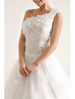 Net and Satin One Shoulder Cathedral Train Ball Gown Wedding Dress with Handmade Flowers