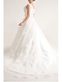 Net and Satin One Shoulder Cathedral Train Ball Gown Wedding Dress with Handmade Flowers