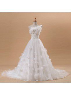 Net and Satin One Shoulder Cathedral Train Ball Gown Wedding Dress with Handmade Flowers