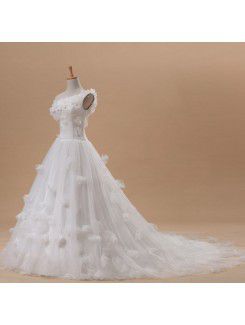 Net and Satin One Shoulder Cathedral Train Ball Gown Wedding Dress with Handmade Flowers