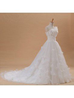 Net and Satin One Shoulder Cathedral Train Ball Gown Wedding Dress with Handmade Flowers