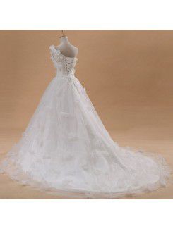 Net and Satin One Shoulder Cathedral Train Ball Gown Wedding Dress with Handmade Flowers