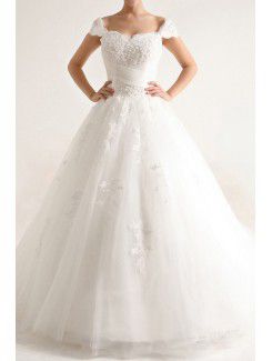 Net e cetim off-the-ombro catedral trem de bola vestido de casamento vestido com beading