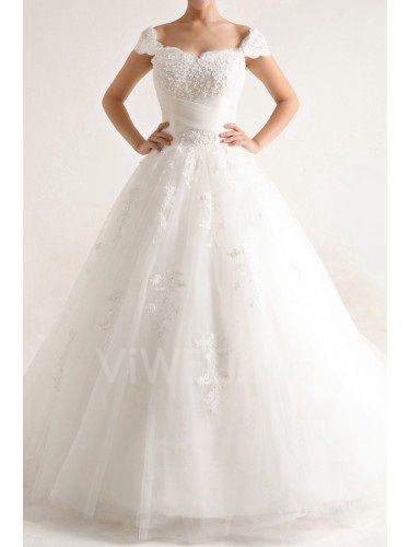 Net and Satin Off-the-Shoulder Cathedral Train Ball Gown Wedding Dress with Beading